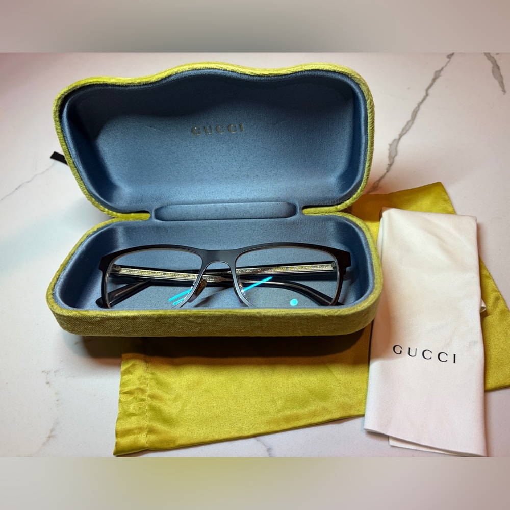Gucci Eyeglasses Frames GG0317OZ 001 Black Gold Rectangle Full Rim 56-17-145